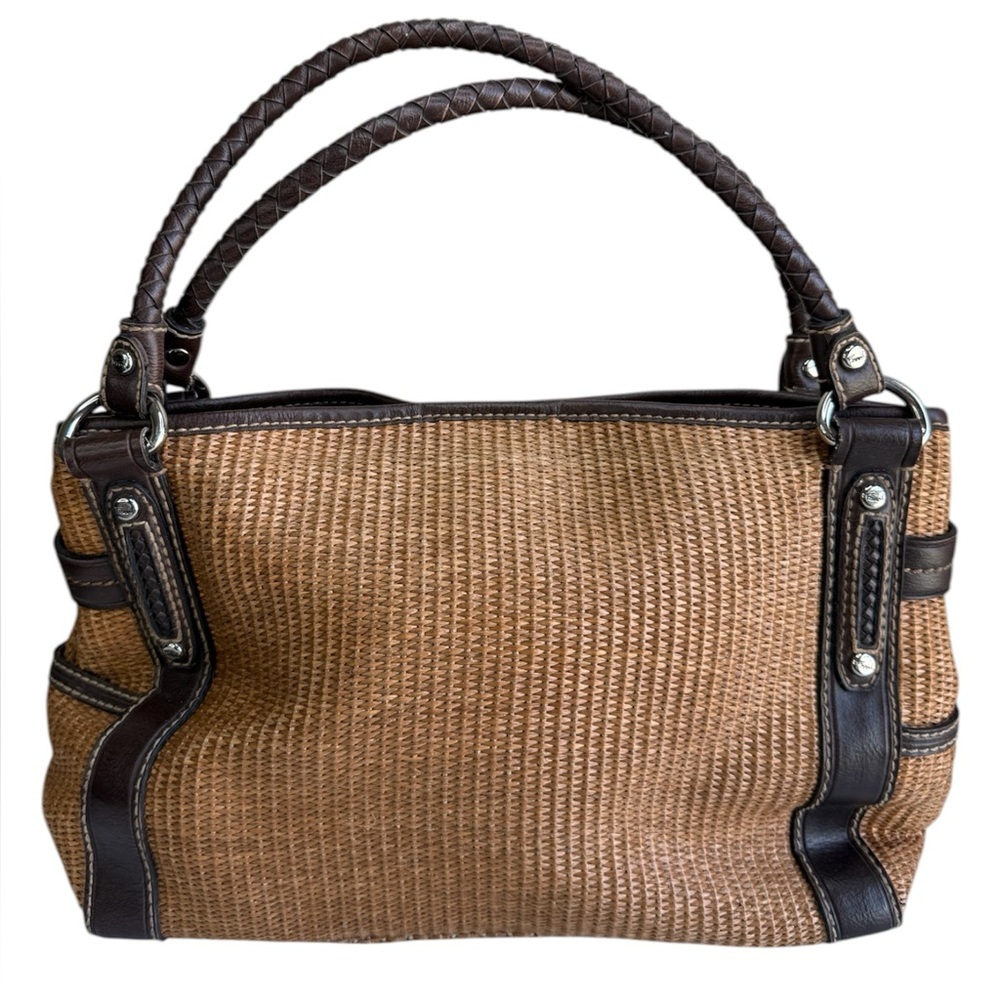 Vtg Fossil Raffia & Brown Leather Braided Handles Boho Spring Satchel